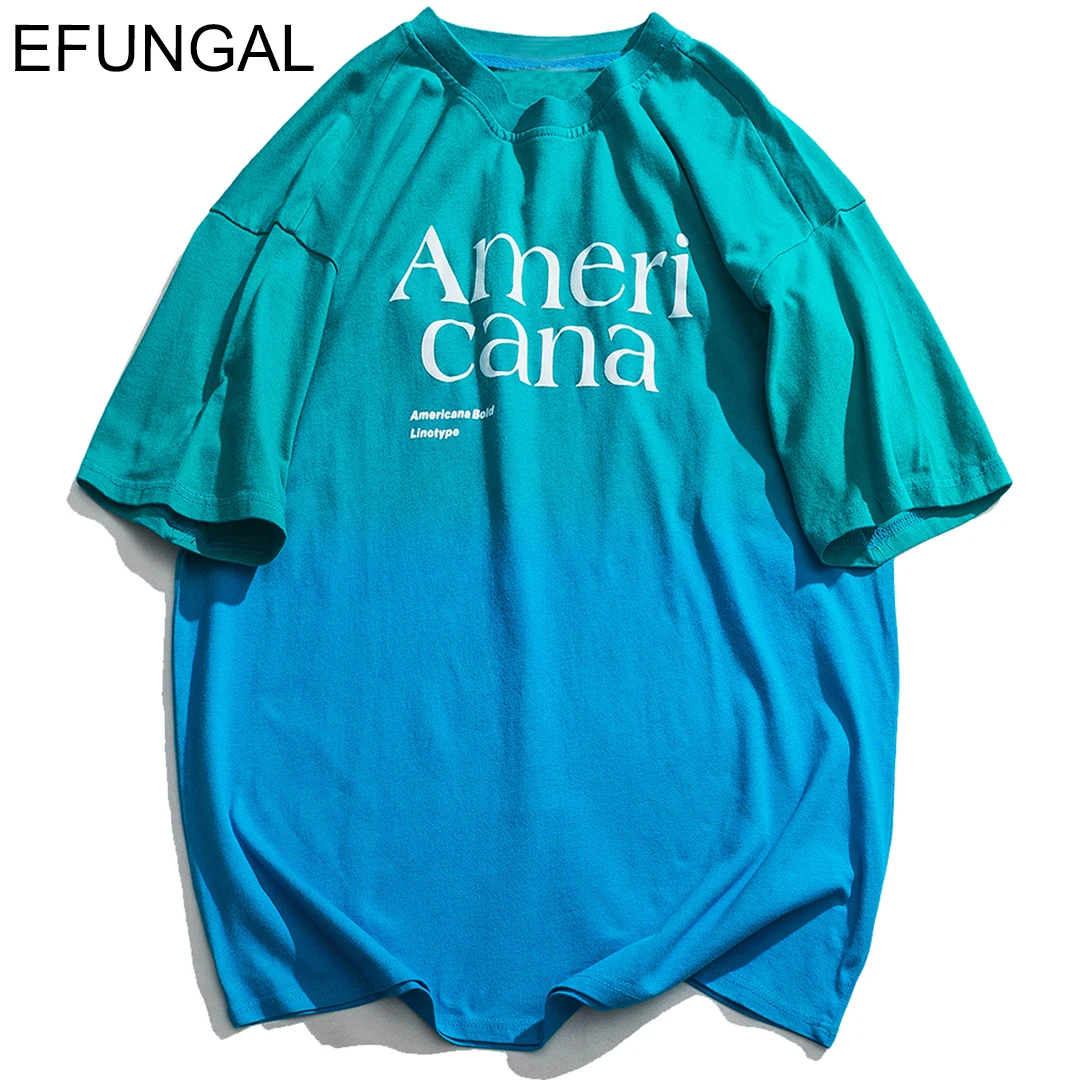 

EFUNGAL Gradient T-shirts Fashion Short Sleeve Men Women Letter Print Cotton Casual Streetwear Oversize Tshirt Hip Hop Tees Tops