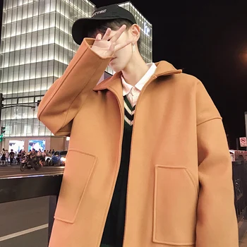 

2018 Korean Autumn And Winter Men's Stand Collar Pocket Decoration Fashion Simple Solid Color Loose Casual Worsted Coats M-5XL