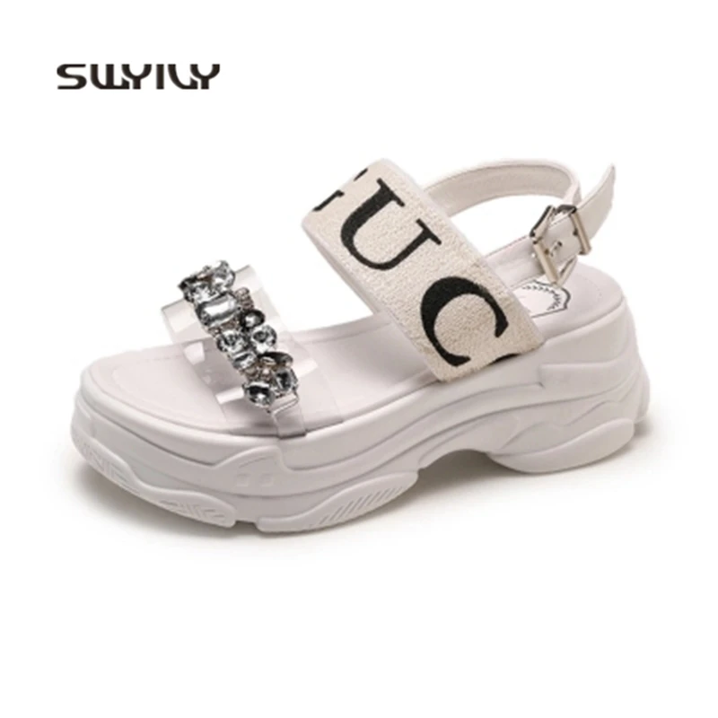 SWYIVY Women Swing Sandals Leather Letters Rhinestone Women Sneakers 2018 New Thick-sole Height Increasing Girls Summer Shoes