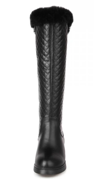 Женские зимние сапоги до колена увеличивающие рост кожаные сапоги с кроличьим мехом сапоги на массивном каблуке с круглым носком сапоги на молнии размеры 34–39 SXQ0910