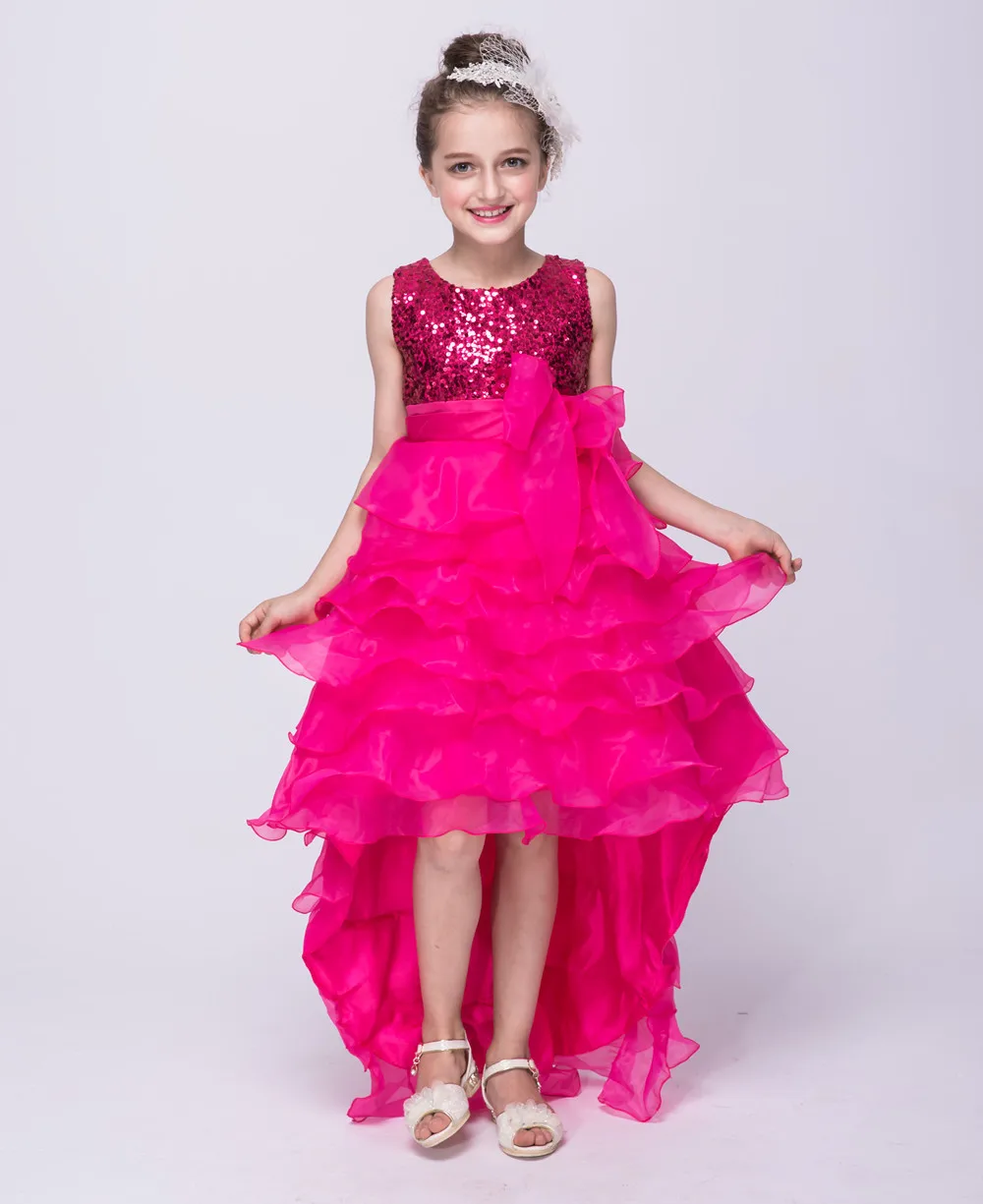 

Elegant Short To Long Wedding Dresses with Flower Bow Girls Sequins Party Princess Dress Children Hot Pink Red Beige Lavender