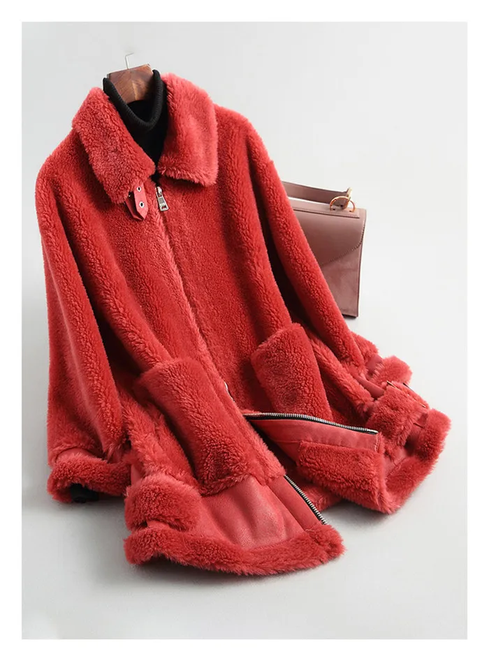 PUDI A19001 Женская Новая мода Настоящая Шерсть Стрижка куртка леди длинный стиль досуг осень/зима шерстяное пальто - Цвет: red