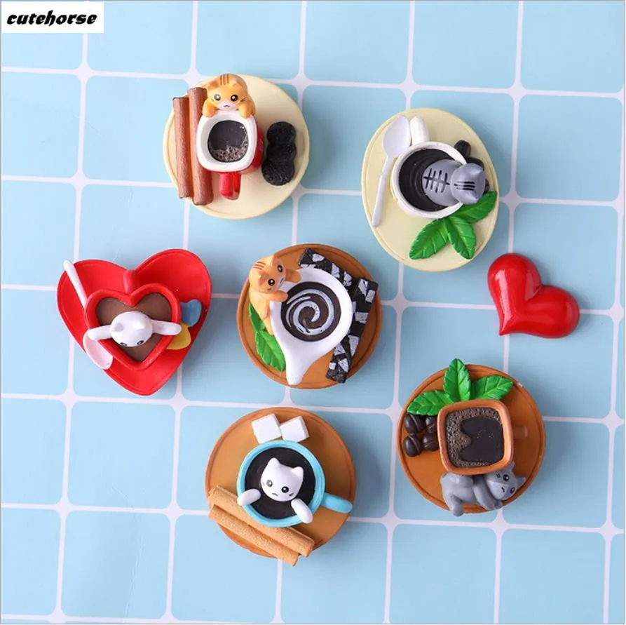 

CUTEHORSE 6pcs/set Cartoon creative 3d magnetic stickers cute cat coffee cup refrigerator magnet.