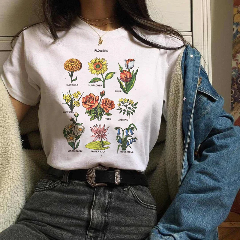 

Wildflower Graphic Tees Women tops Floral Print ins Summer Short Sleeve Women's New Large Size S-2XL Korea Loose O-neck T Shirt