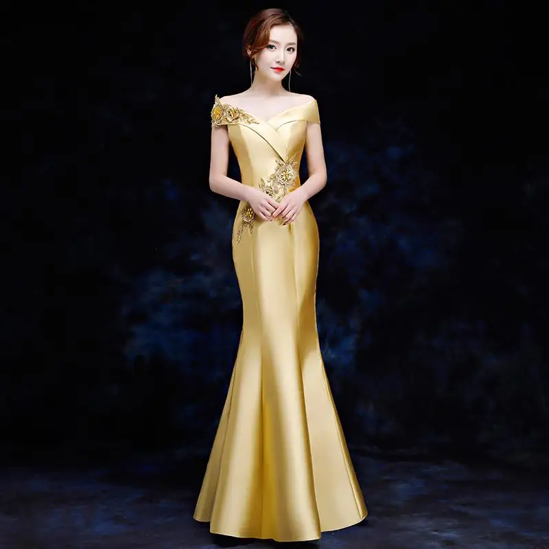 Элегантное женское платье-русалка, тонкое, Qipao, сексуальное, с открытыми плечами, Cheongsam, полная длина, Vestidos, женское вечернее платье, китайское платье, размер S-XXL - Цвет: Золотой