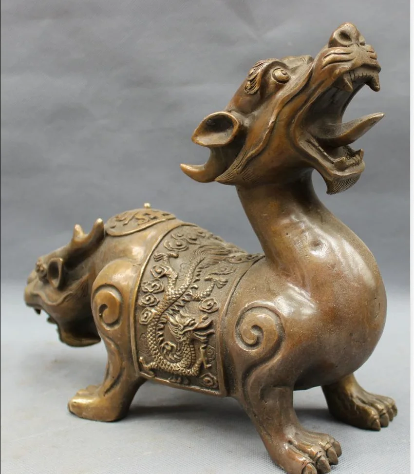 

hui88K831<<<10" Chinese Bronze Copper FengShui Longevity 2 Head Dragon Unicorn Head Statue