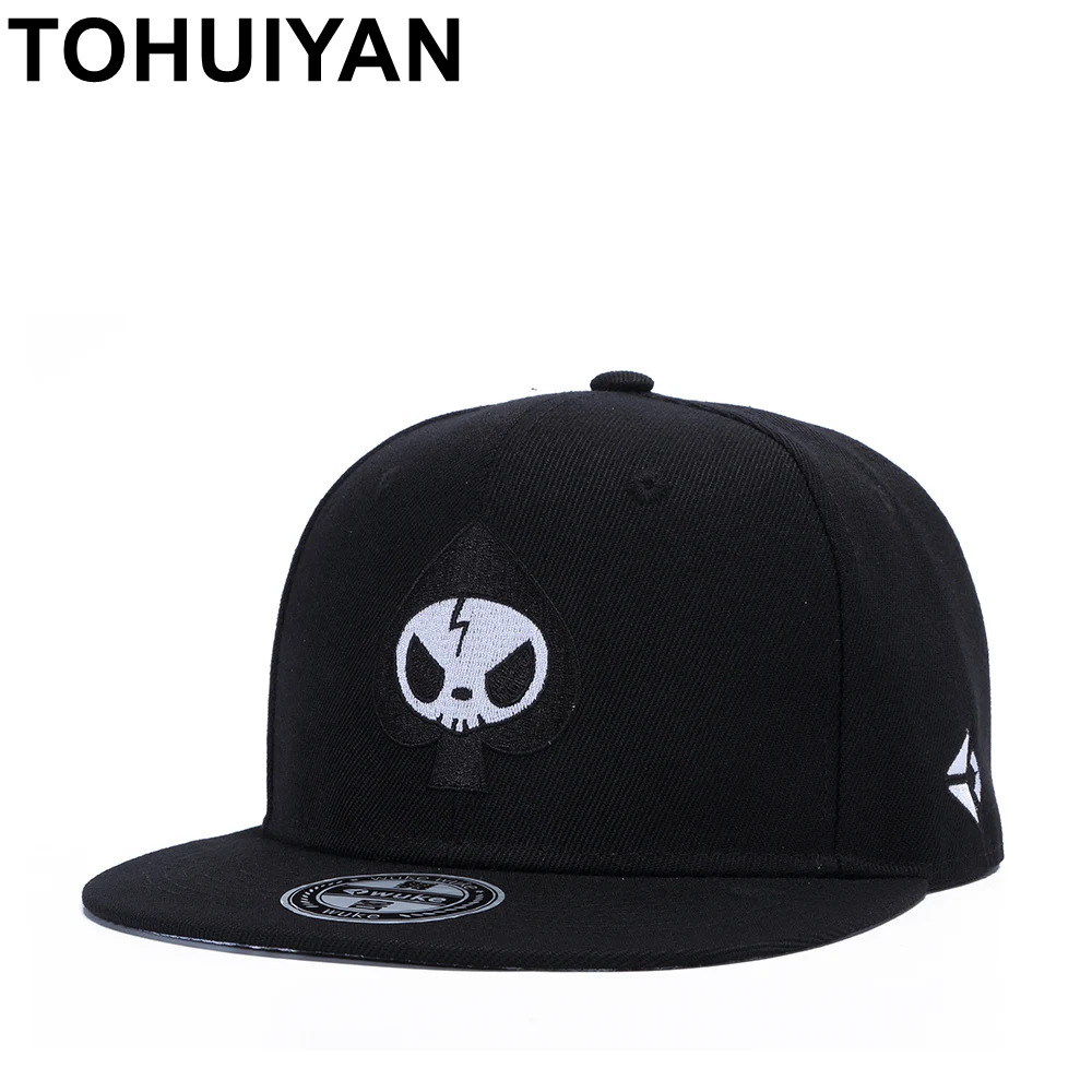 

TOHUIYAN Skull Embroidery Snapback Cap Flat Brim Chapeau Baseball Hat Hip Hop Street Dance Cap Men Women Fall Winter Fitted Hats