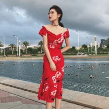 

Chiffon Summer Print Flower Long A word Dew Shoulder Retro Fashion Red Dress Slash Neck Elegant Mid-Calf Off The Shoulder Dress