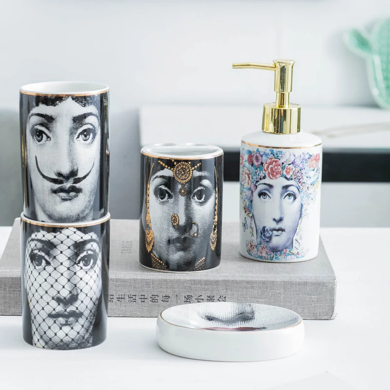 Популярные наборы для ванной комнаты Fornasetti 5 шт. керамические украшения АКСЕССУАРЫ мыло диспенсер чашка держатель для зубной щетки туалет коробка для хранения Горячая