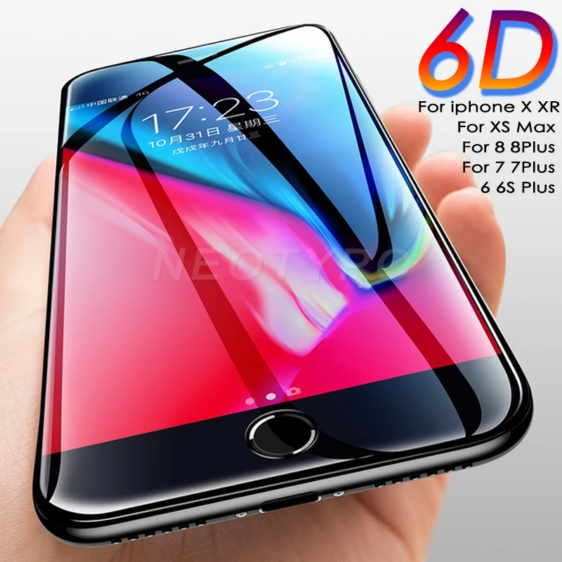 

Protective Glass on the For iPhone X XS Max XR Tempered Screen Protector Film 6D Curved Edge Glass For iPhone 6 6S 7 8 Plus Film