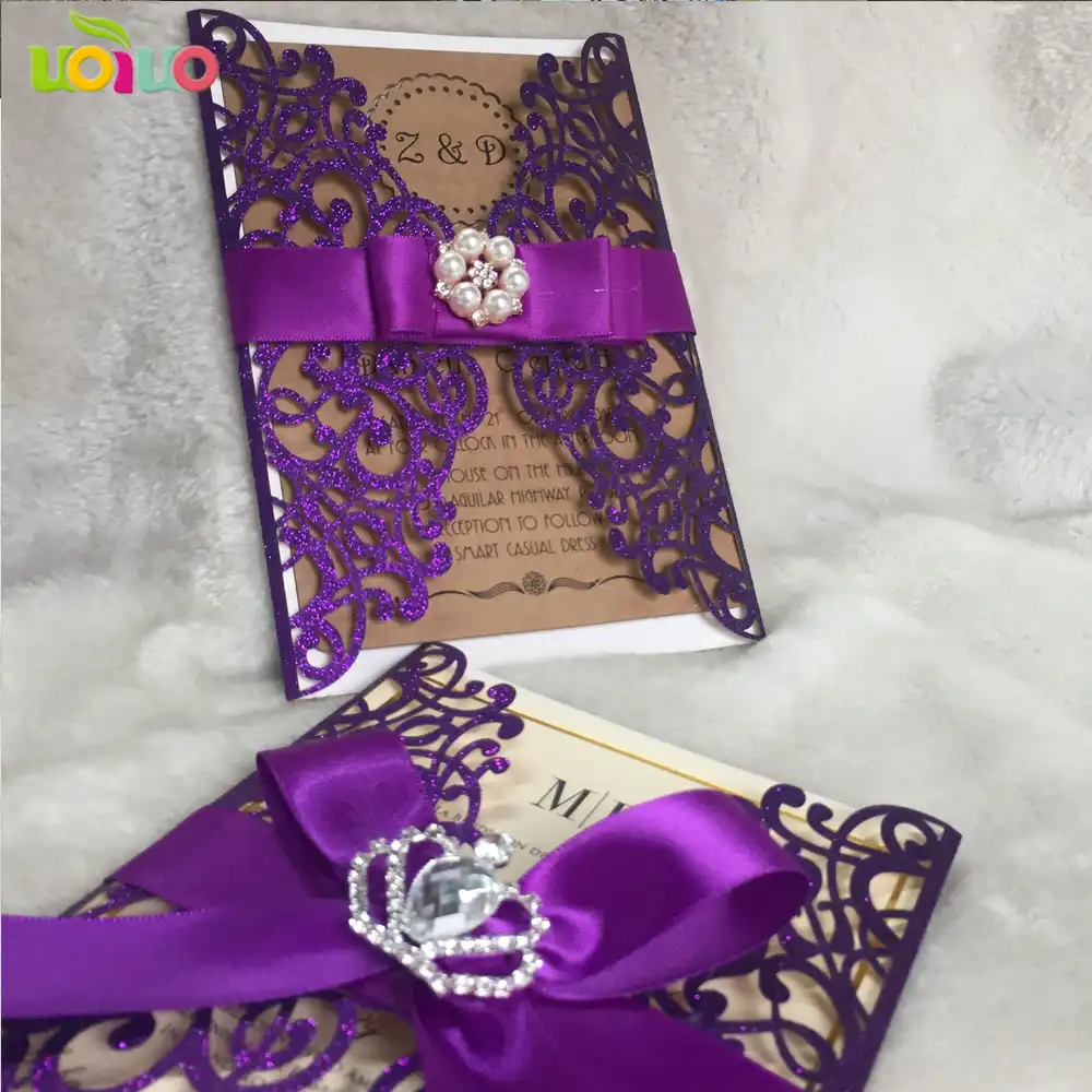 free kraft print foil 50set inc263 glitter purple laser cut wedding invitations card big crown brooch tied purple ribbon wedding invitations with purple ribbon