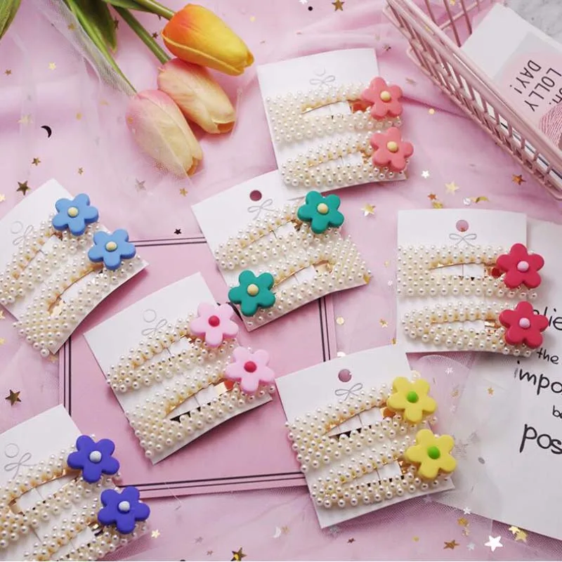 

2PCS/Set Women Girls Cute Flower Pearl Geometric Hair Clips Sweet Hairpins Headband Barrettes Fashion Hair Accessories