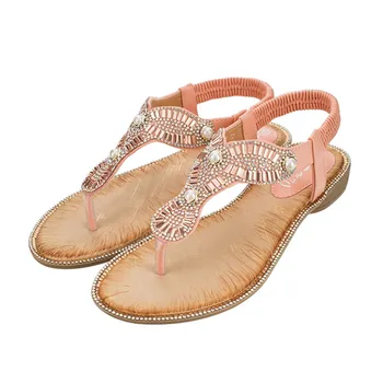

SAGACE Summer Women Ladies Bohemia Elastic T-type String Bead Flat Sandals Beach Shoes Sexy Outside Women's Sandals Ladies Shoes