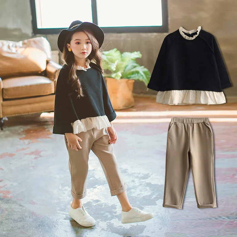 

Girl Children Suit Clothing New Spring Autumn Casual Pure Solid Hit Color Lace Cotton Chiffon Sweater and Beige Pants Sets