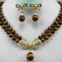 Высококачественные Прекрасные ювелирные изделия слово прекрасно слово 2 ряда 8 мм тигровый глаз камень ожерелье серьги серебро-ювелирные изделия