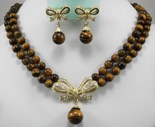 

High-quality Lovely Jewelry word Fine word 2 row 8mm tiger eye stone necklace earrings silver-jewelry