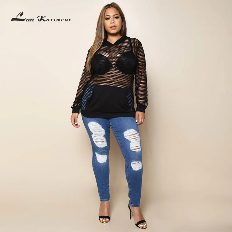 Lan Karswear Long Sleeve Fishnet Mesh Crop Sweatshirt Women Plus Size Tops Sexy Loose Cropped Sweatsuits Female Hoodies Lan Karswear Long Sleeve Fishnet Mesh Crop Sweatshirt Women Plus Size Tops Sexy Loose Cropped Sweatsuits Female Hoodies