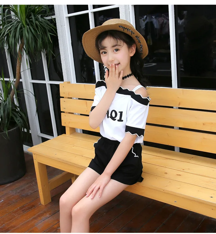 Cute Casual Teenage Clothes For Girls Clothing Sets 2019 Summer Children Shoulderless Letter Tshirt Tops Shorts 2Pcs Kids Suit (10)