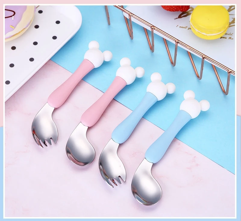 

High quality 304 Stainless Steel Kids training Spoon Fork cartoon Children Tableware 2pcs Set Dinnerware Baby Feeding Cutlery