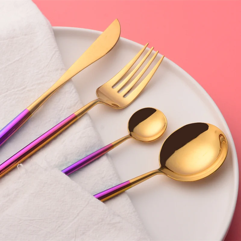 

KuBac Hommi 24pcs Rainbow Cutlery Set 18/10 Stainless Steel Rainbow Dinnerware Dinner Knife Mirror Gold Tableware Set Drop Ship