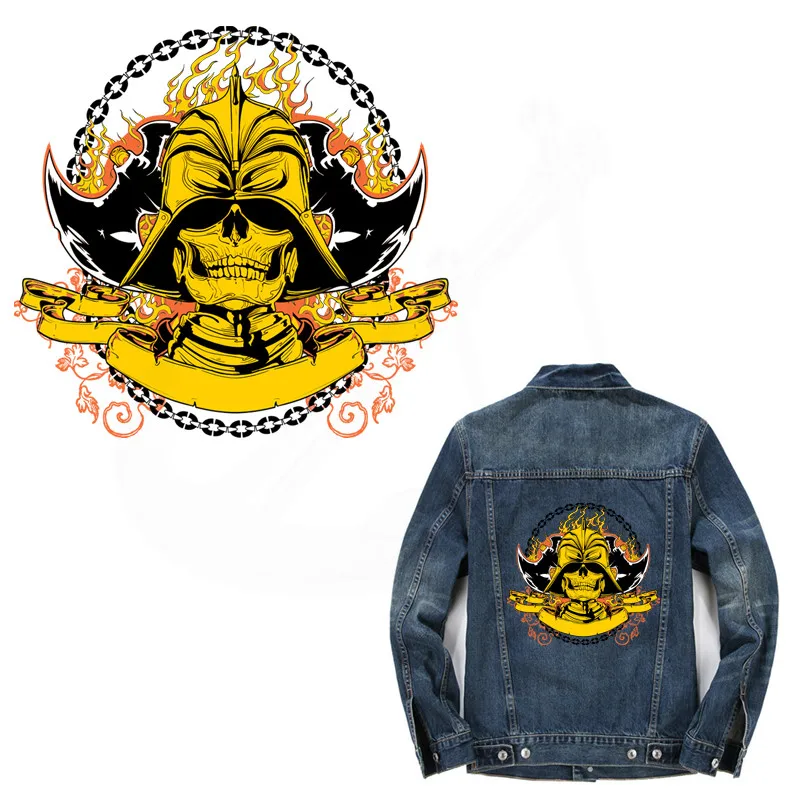 

New Retro Europe style Skull 27*25cm Iron On Patches DIY man T-shirt jacket Grade-A Thermal transfer stickers