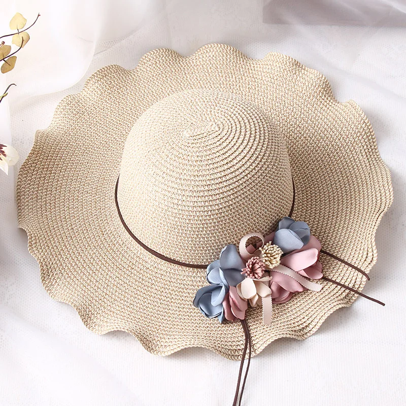 Новые женские волна цветок тень шляпа большой женщины от солнца соломенная шляпа простые девушка шляпа солнца