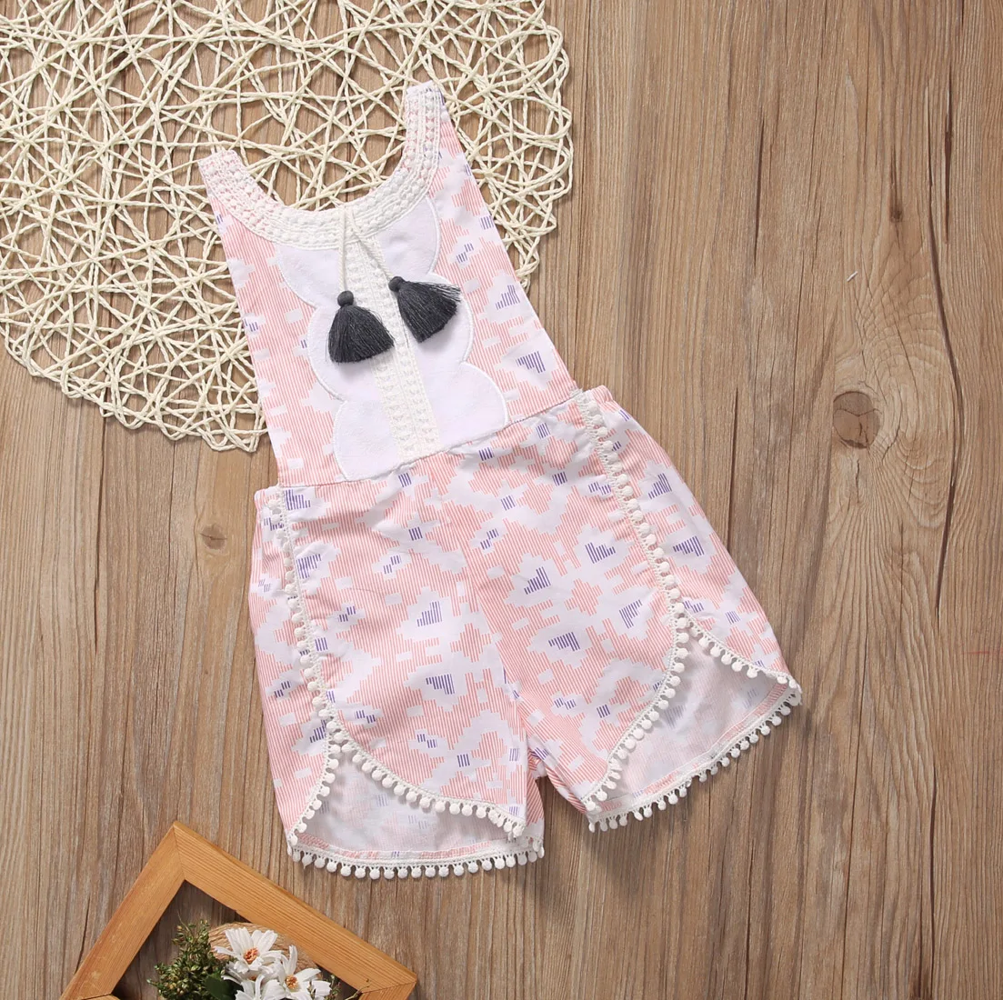 Tassel Pink romper Kid Toddler Baby Girl Pink Strappy Floral Romper