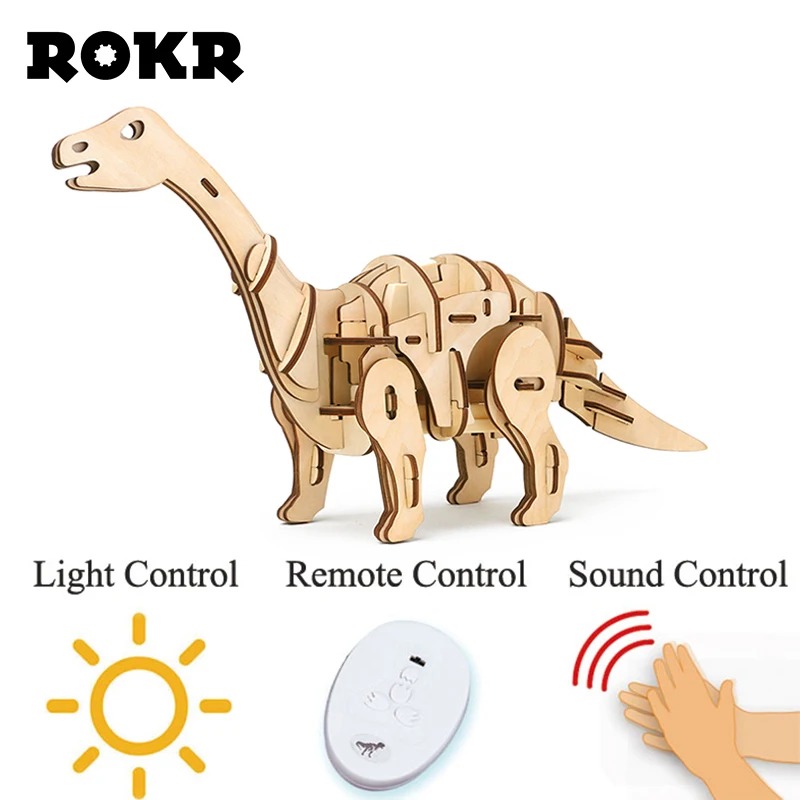 

Robotime DIY Electric Dinosaur R/C+Sound Control+Light Control 3D Wooden Puzzle Assembly Model Toys for Children Kids D420