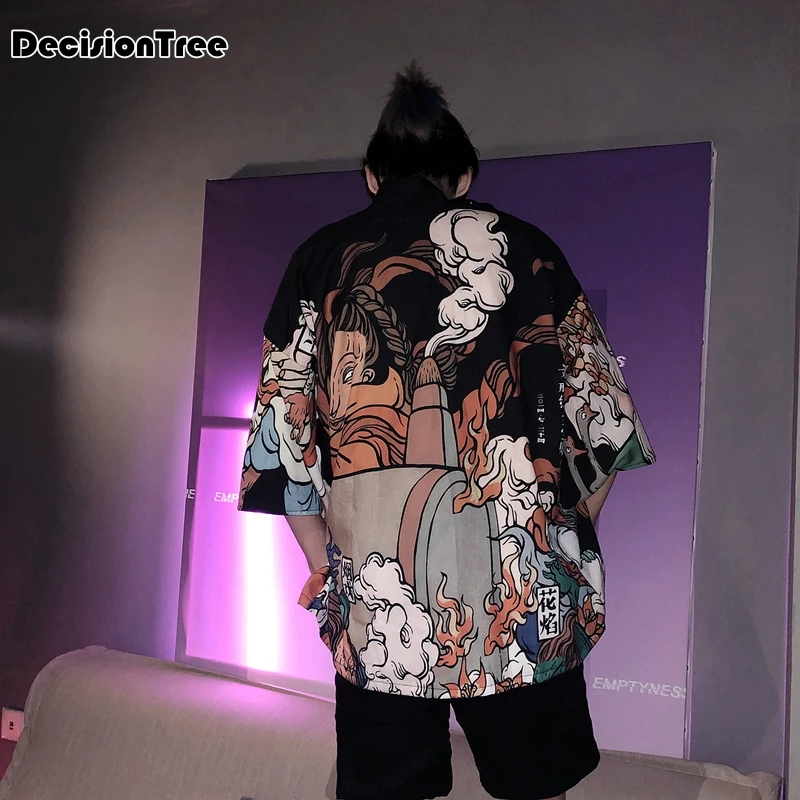 2019 summer japanese style Ghosts Print Harajuku Style Blouse men jackets open stitch kimono hip hop streetwear male outwear