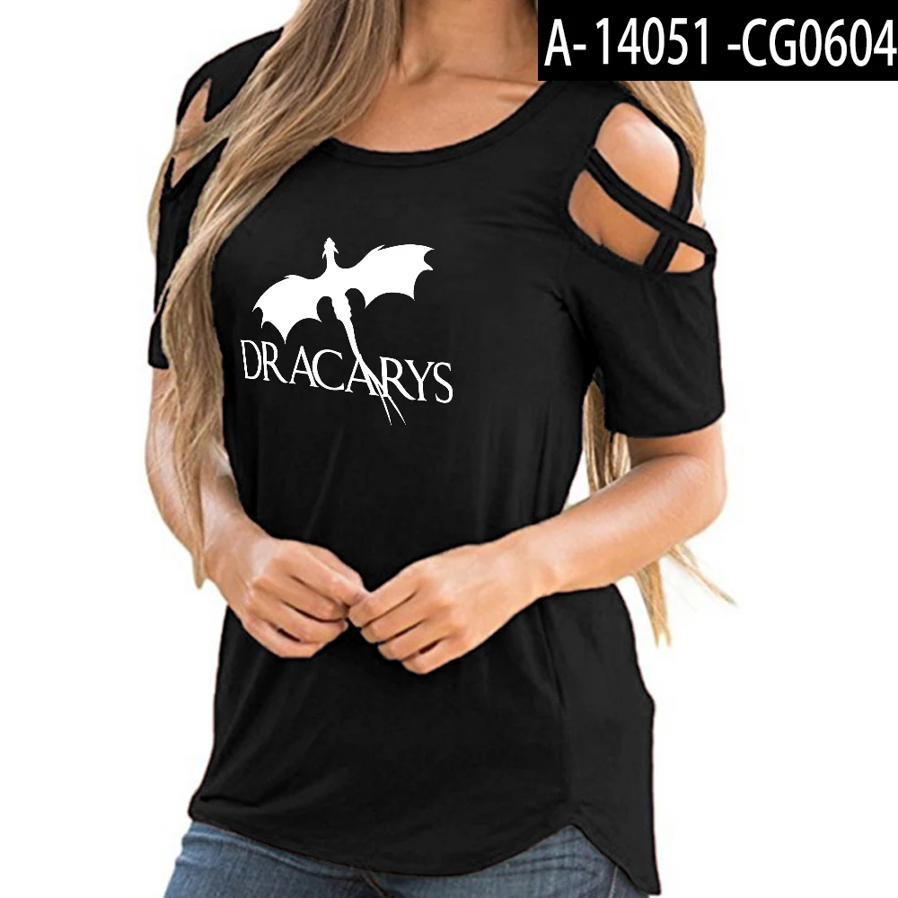 Dracarys волнующей маленькой, комплект для девочки,(футболка с открытыми плечами и Для женщин хлопок стиль росы плеча короткая футболка Для женщин модная футболка - Цвет: Black