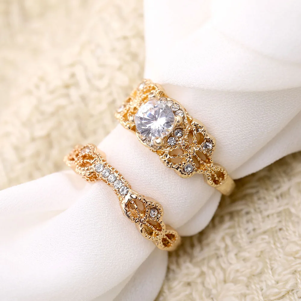 Fashion Zircon Inlaid With Hollow Design Rose Gold Color Wedding Rings For Women Rhinestone Bow Engagement Ring Female Jewelry