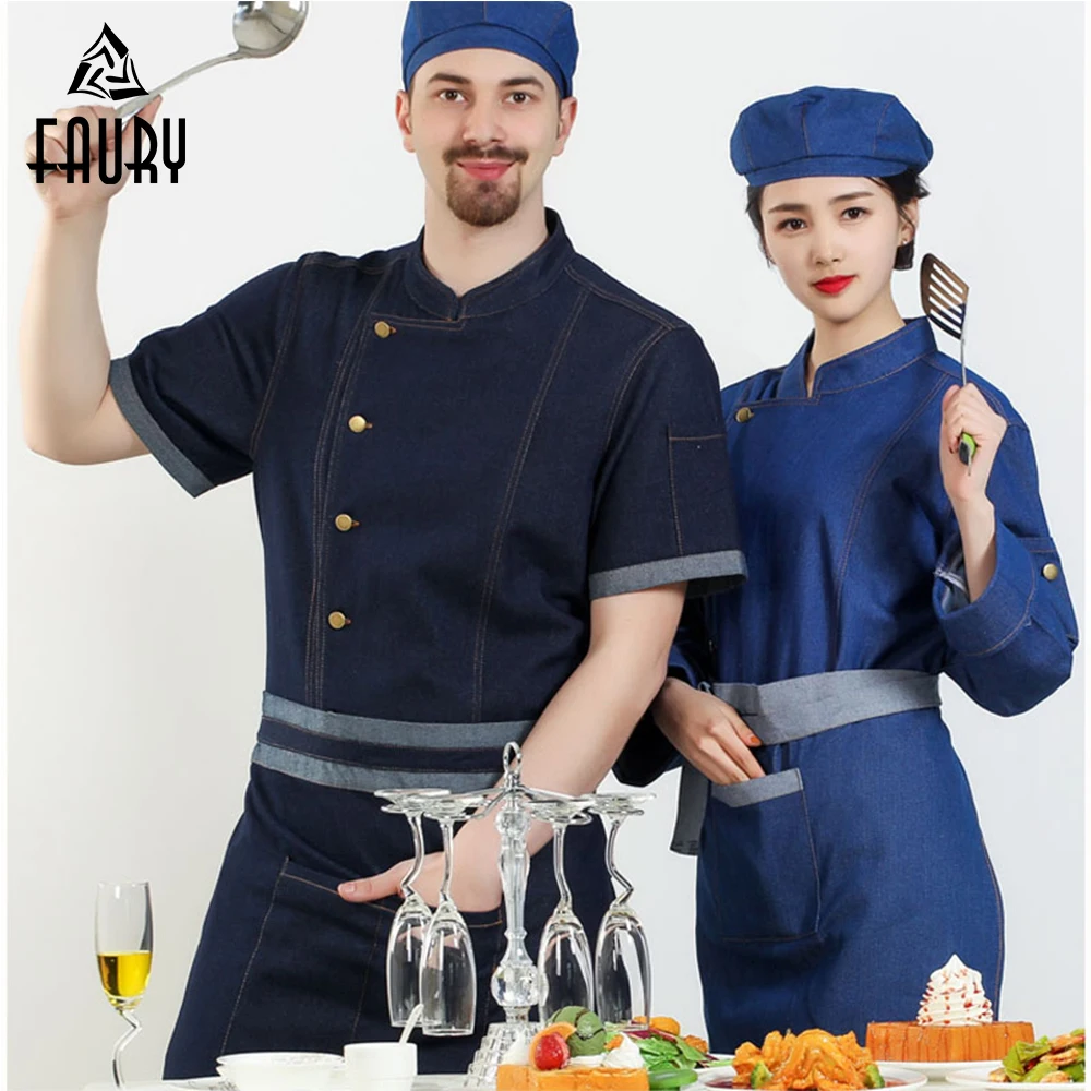 

Chef Jacket Food Service Restaurant Kitchen Cooking Workwear Long and Short Sleeve Denim Uniform Cook Coat with Free Apron S-3XL