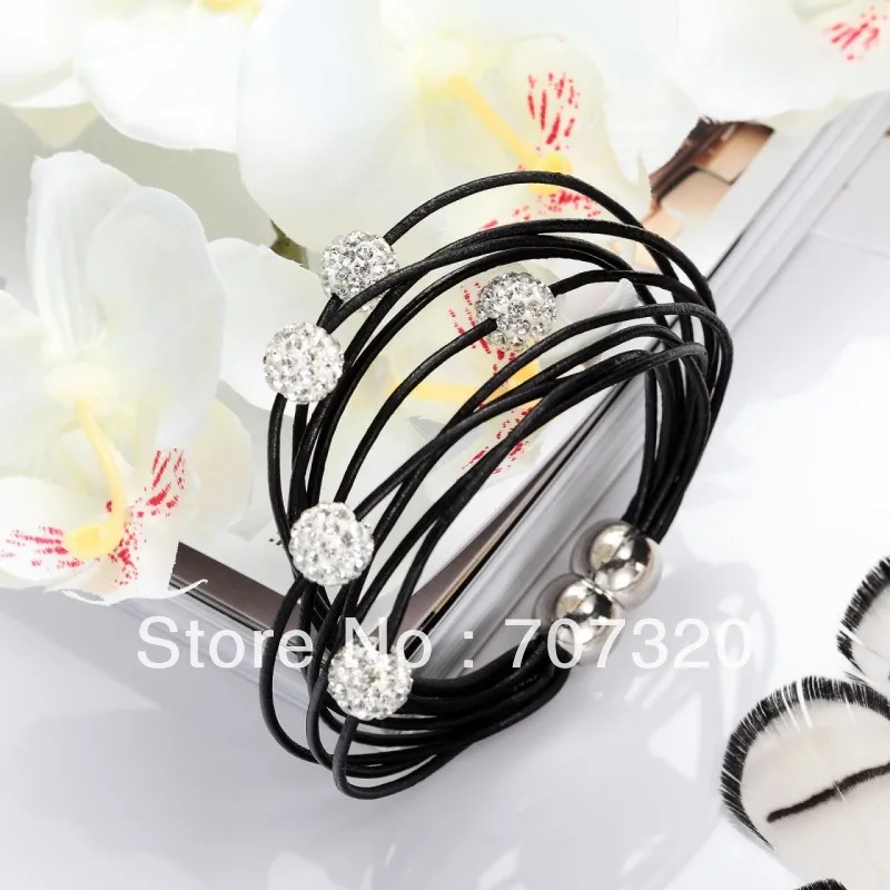 

Min.Order ( $9.9 mixed) mutistand leather magnetic bracelet with Shamballa Ball Beads Bracelet SB7145A