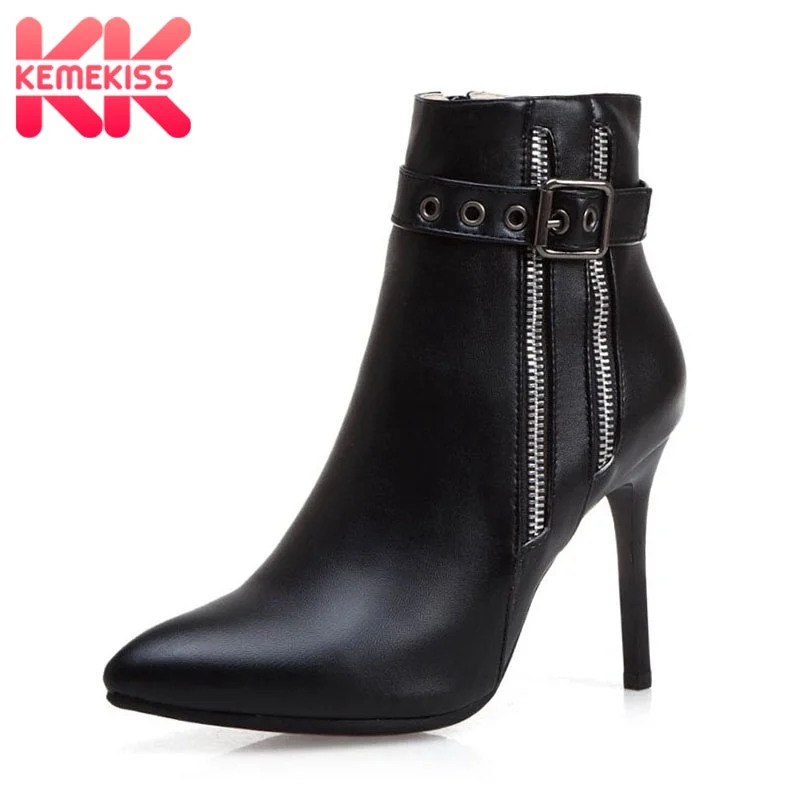 

KemeKiss 5 Colors Plus Size 34-50 Zipper Woman Ankle Boots Thin Heels Pointed Toe Office Work Daily Short Boots Buckle Footwear