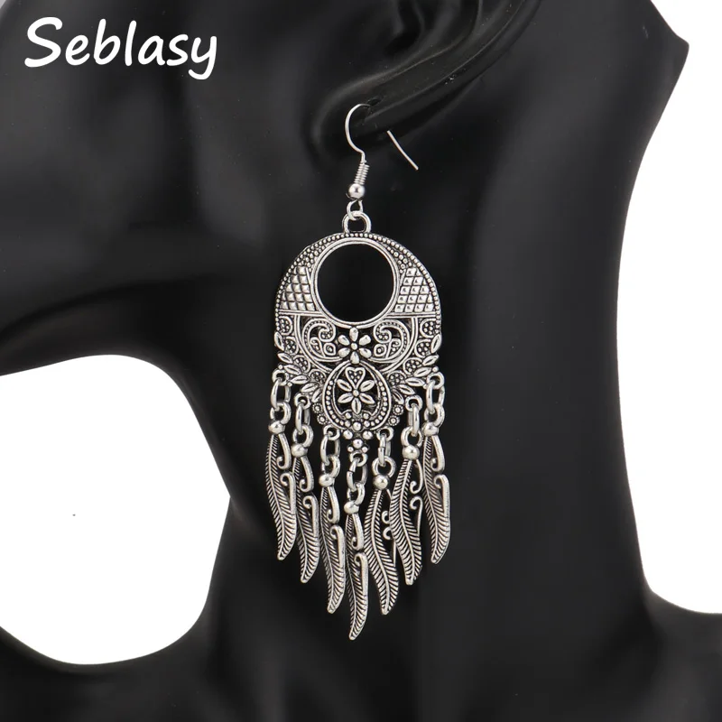 

Seblasy Vintage Tibet Silver Color Big Statement Drop Earrings Carved Flowers Leaves Tassel Dangle Earrings for Women Jewelry