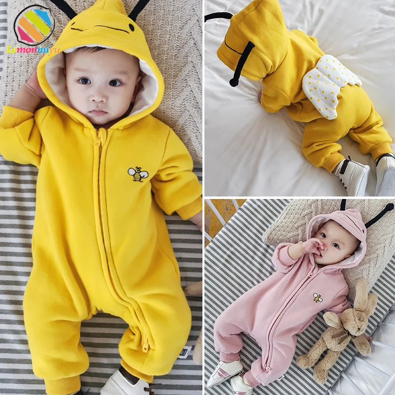 

Lemonmiyu Baby Quilted Winter Rompers Cartoon Solid Cotton Full Zipper Hooded Newborn Animal Jumpsuits Infants Cute Bee Outwear