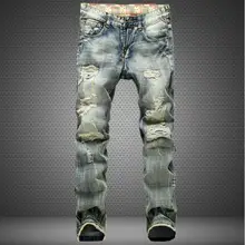 Мужчины Ripped Vintage Джинсы Прямые Fit Новый 2017 Одежды Промывают Мужчины Проблемные Джинсовые Брюки Ретро Джинсы Бесплатная Доставка
