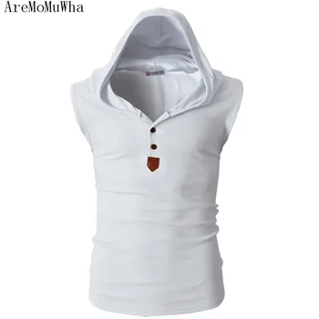 

AreMoMuWha Men Summer Hooded Vest Slim Sleeveless Outerwear Coat Hoodies Cotton Sweatshirt V-Neck Pullover Male Tops Vests QX024