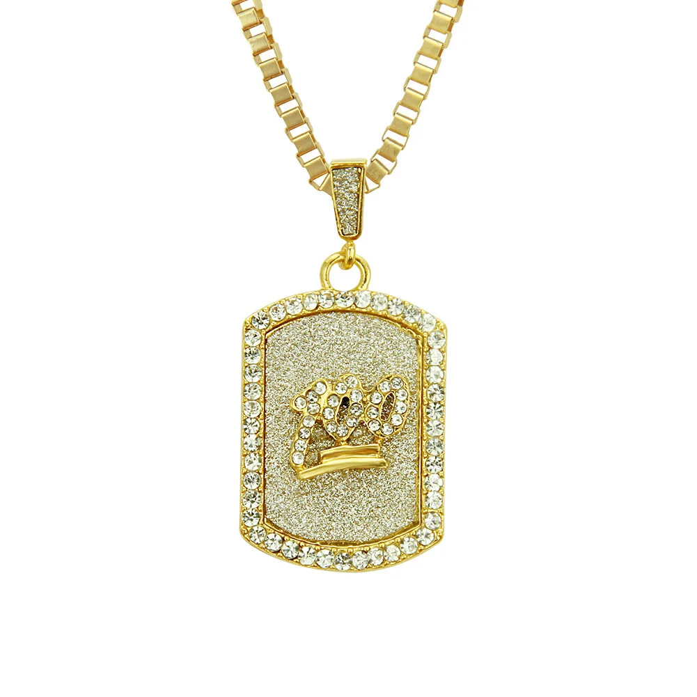 

Sand Blast Dog Tag Pendant Necklace Zinc Alloy Gold Silver Color Charm Iced Out Rhinesstone Emoji 100 Men's Hip Hop Jewelry Gift