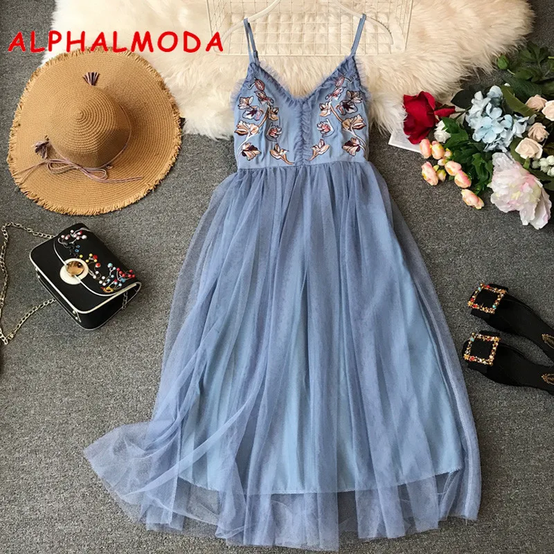 Женское газовое платье ALPHALMODA с вышивкой цветочные подтяжки V образным вырезом на