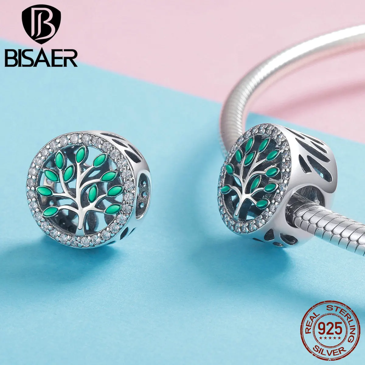 

BISAER 925 Sterling Silver Enamel Beads Tree of Life Round Metal Charm for Original 925 Charm Bracelet Europe Jewelry HSC1095
