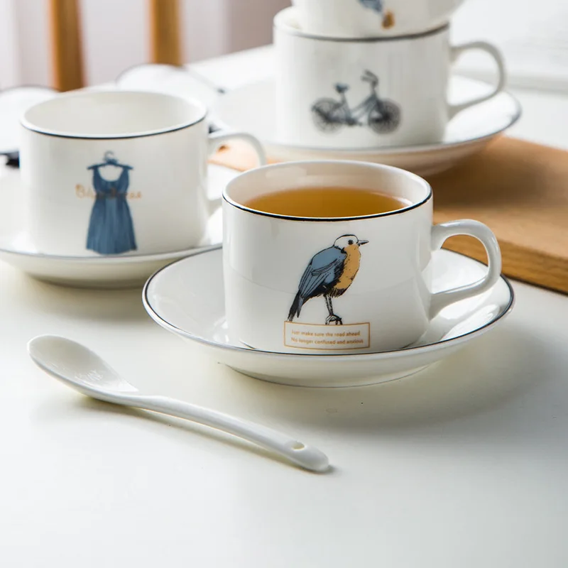 

Houmaid Ceramic Coffee Cup with Saucer spoon Creative Bone China Teacup set Personality Lovers Afternoon Porcelain Teacup set