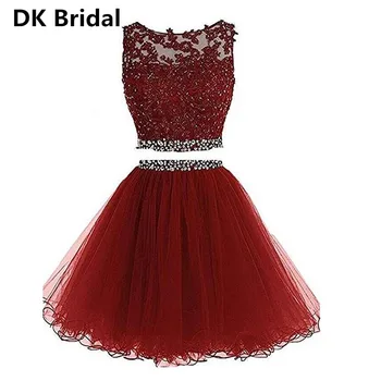 

Real Sample Burgundy Short Prom Dress 2 Piece Crystal Dress Lace Appliques Tulle Puffy Party Dress 2019 Vestidos Coctel