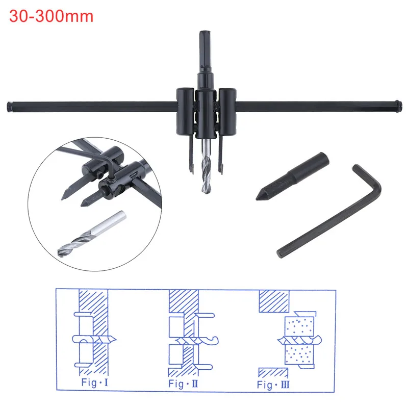 30-300 мм/200 мм/120 мм регулируемый самолет типа дерево Круг отверстие пилы резак набор инструментов сверло аккумуляторной дрели для деревообработки - Цвет: 30-300mm