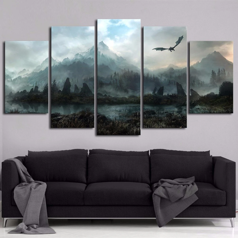 

Canvas Wall Art Pictures Home Decor 5 Pieces forest mountain Game Dragon Skyrim Paintings For Living Room Modular Prints Poster