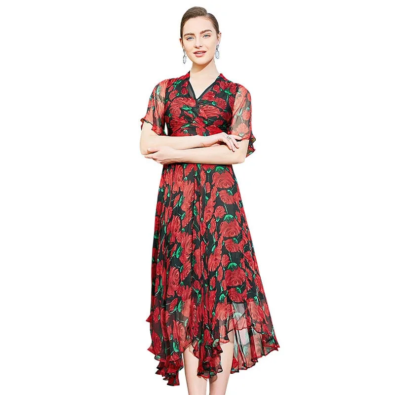 2019 Nieuwe Zomer Dames Zijde Lange Jurk V-hals Stedelijke Toevallige Zijde Lotusblad Rok Chiffon Hoge Taille Slanke Elegante Zijden jurk 2019 Nieuwe Zomer Dames Zijde Lange Jurk V-hals Stedelijke Toevallige Zijde Lotusblad Rok Chiffon Hoge Taille Slanke Elegante Zijden jurk