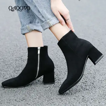 

Winter Warm Ankle Boots Women Flock Leather comfy Square Low Heels Booties Fashion Sqaure Toe Zipper Boots Ladies Shoes