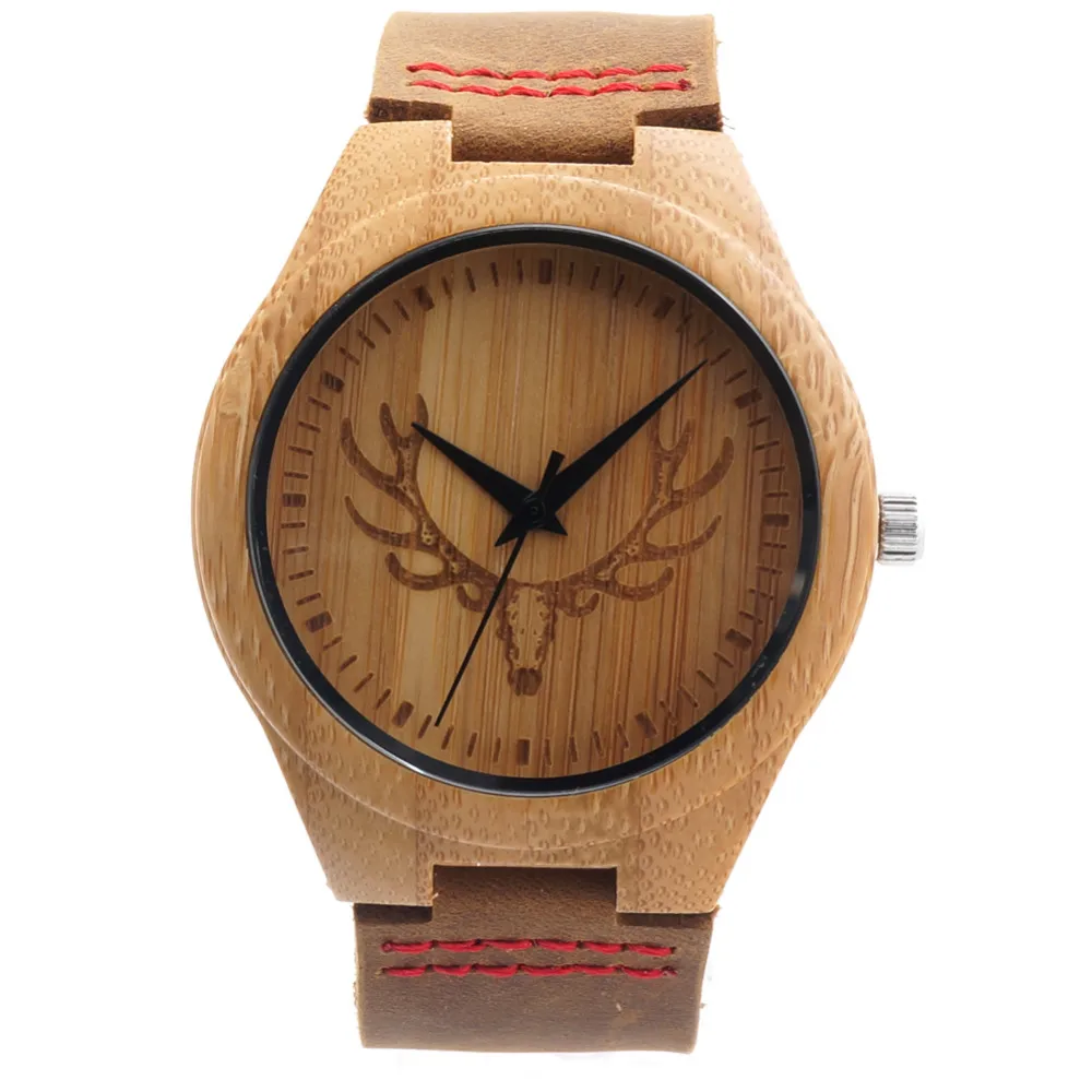 BOBO BIRD Engraved Wolf Head Wooden Wristwatch Fine Jewelry Quartz Watches for Men with Red Stitch Leather Strap in Gift Box