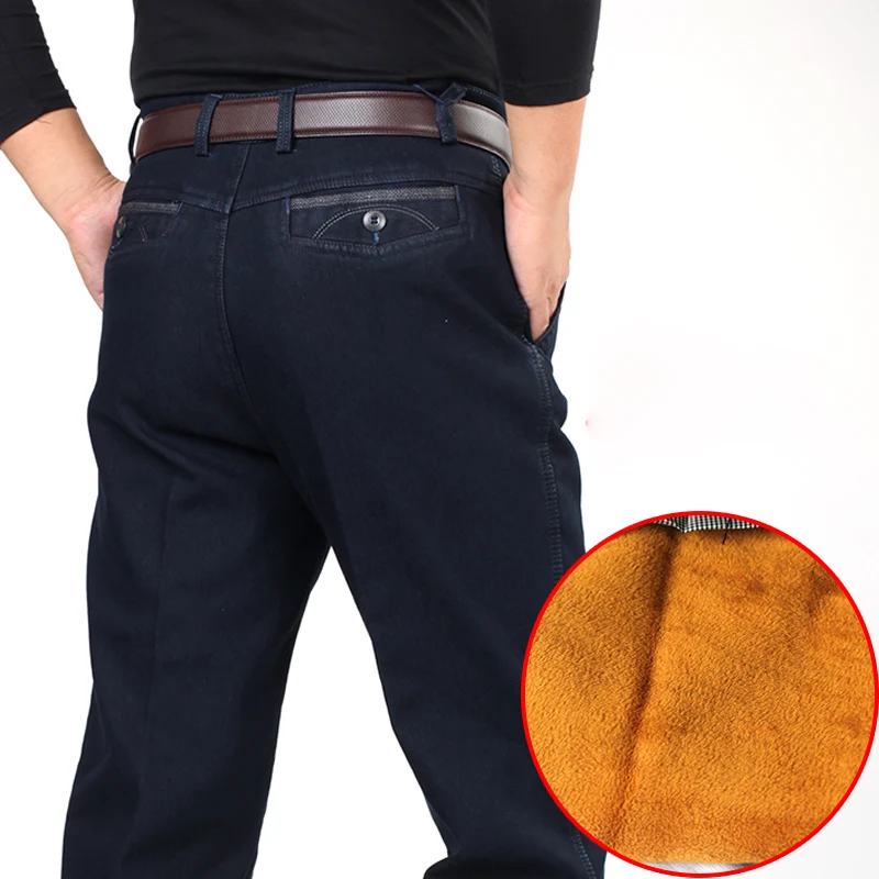 Мужские флисовые толстые теплые джинсы, зимние модные прямые Стрейчевые узкие брюки, высококачественные хлопковые повседневные джинсовые штаны размера плюс - Цвет: Navy Blue Jeans