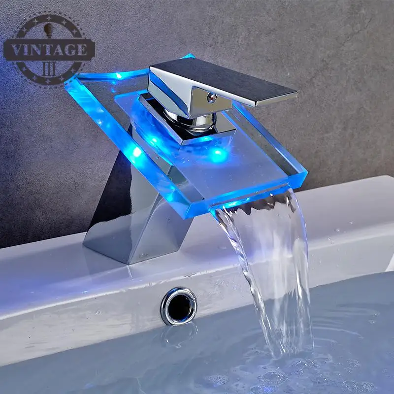 LED Color Change Glass Hot and Cold Mixer Faucet Spout Bathroom Vessel
